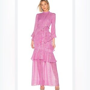 SALONI Marissa Long Gown in Candy Pink Metallic Long Sleeve Dress